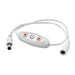 Moss LED Flicker Free In-Line 12VDC to 24VDC Dimmer white inline controller with orange dim down power and dim up buttons DC barrel connectors white cable white background