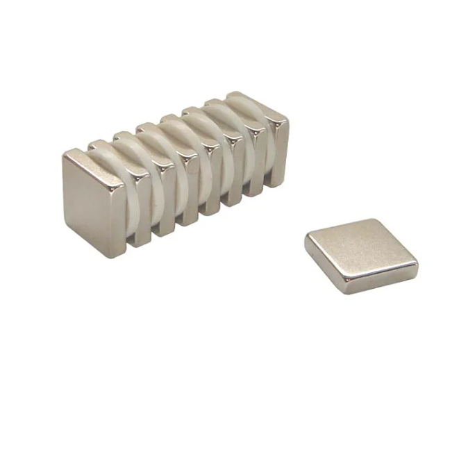 Moss LED high powered neodymium square block magnets N52 grade stack of magnets with single unit shown nickel plated silver finish for LED strip mounting