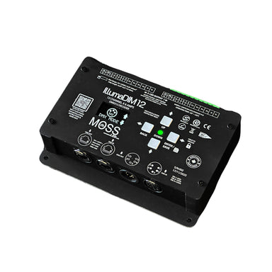 Moss LED IllumaDIM 12 twelve-channel DMX dimmer angle view showing black enclosure with DMX connectors control panel green terminal blocks and MOSS branding white background