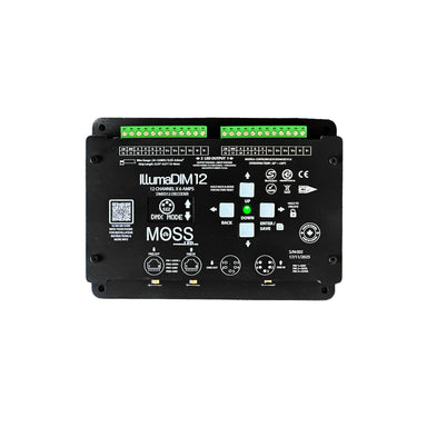 Moss LED IllumaDIM 12 twelve-channel DMX dimmer top view showing control panel with green terminal blocks navigation buttons OLED display DMX connectors and MOSS branding white background