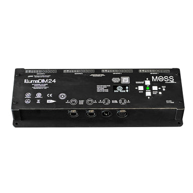 Moss LED IllumaDIM 24-channel DMX dimmer angle view showing front panel with XLR DMX connectors LCD display and Moss LED logo black unit white background