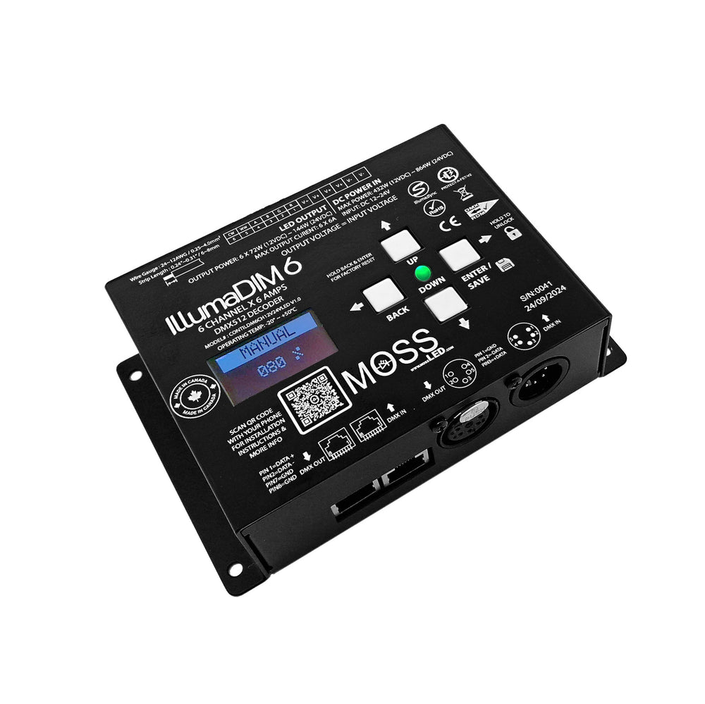 Moss LED IllumaDIM 6 6-Channel DMX Dimmer angle view showing OLED display navigation buttons and DMX connectors on right side black enclosure white background