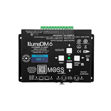 Moss LED IllumaDIM 6 6-Channel DMX Dimmer front view showing OLED display in manual mode navigation buttons green terminal blocks QR code and Moss branding black enclosure white background