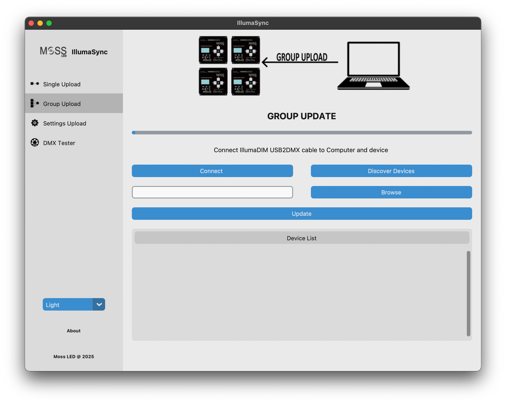Moss LED IllumaSync software Group Upload tab screenshot showing group firmware update interface with diagram of multiple devices connected to laptop Connect Discover Devices Browse and Update buttons with Device List area Mac application window