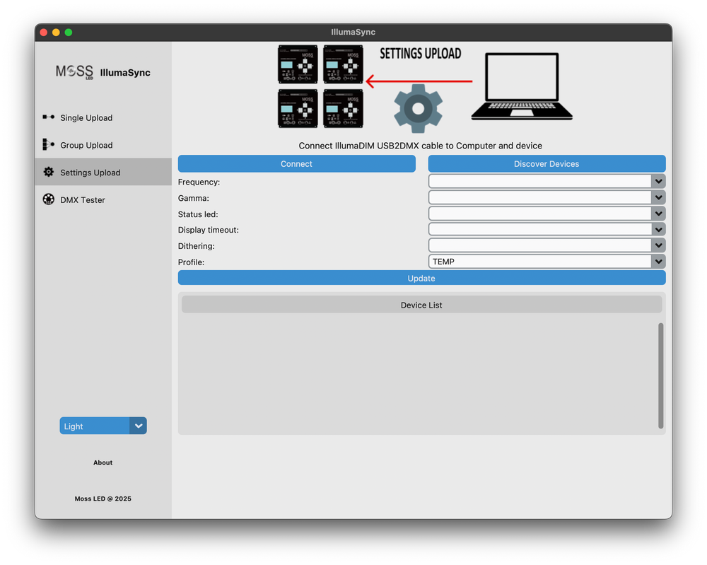 Moss LED IllumaSync software Settings Upload tab screenshot showing batch settings configuration with Frequency Gamma Status LED Display timeout Dithering and Profile dropdown menus Connect Discover Devices and Update buttons with Device List area Mac application window