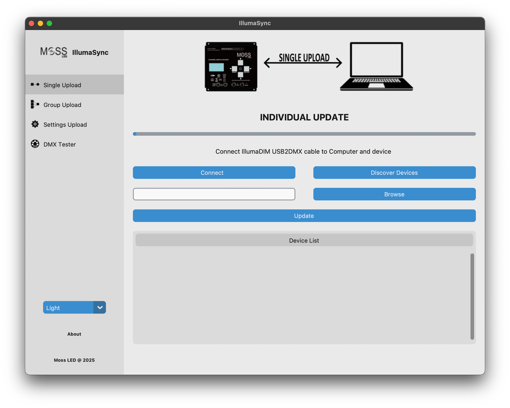 Moss LED IllumaSync software Single Upload tab screenshot showing individual firmware update interface with diagram of single device connected to laptop Connect Discover Devices Browse and Update buttons with Device List area Mac application window