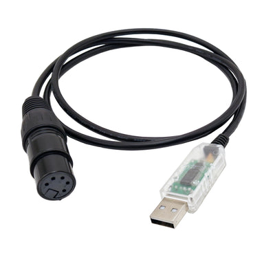 Moss LED IllumaSync USB to DMX dongle cable with 5-pin XLR female connector and transparent USB-A connector showing green circuit board inside black cable white background