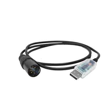 Moss LED IllumaSync USB to DMX dongle cable with 5-pin XLR male connector showing pins and transparent USB-A connector with green circuit board inside black cable white background