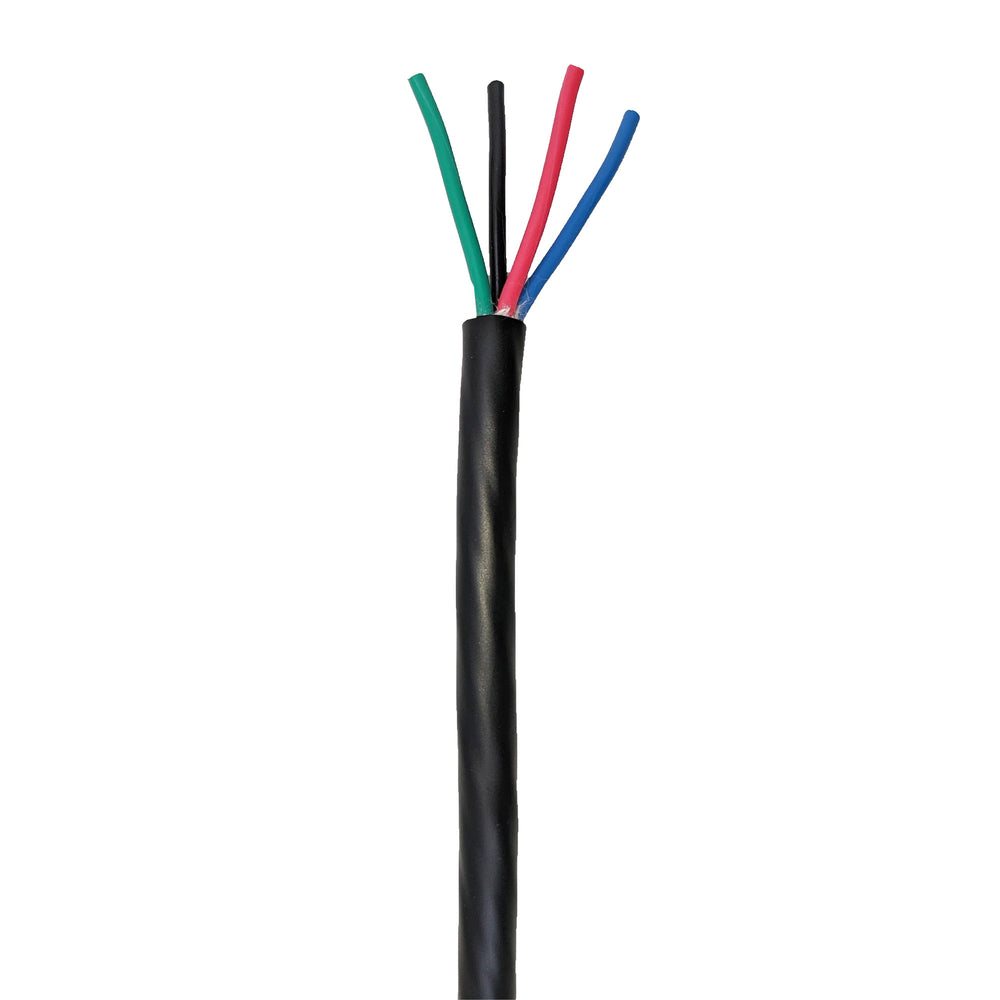 Moss LED multi-conductor cable service grade SJTOOW 4-conductor black jacket with blue red green and black wires for low voltage LED power and control on white background