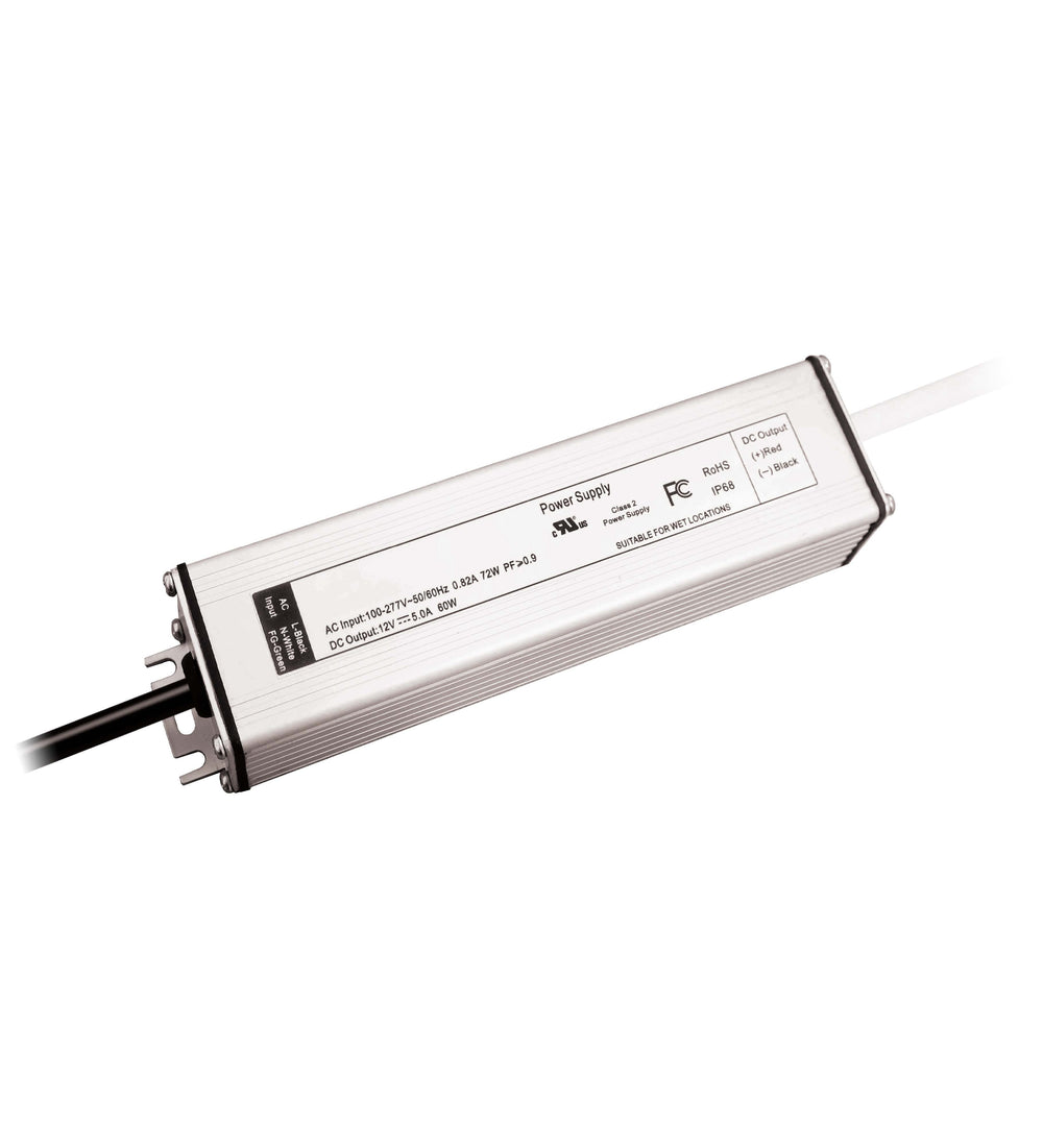 Moss LED NDCVC 60W fanless metal housed AC to DC power supply angle view grey aluminum housing with power cord and output wires white background