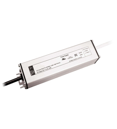 Moss LED NDCVC 60W fanless metal housed AC to DC power supply angle view grey aluminum housing with power cord and output wires white background