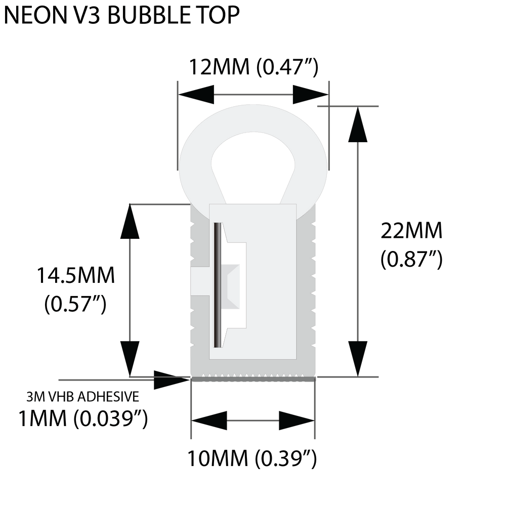 Moss LED Neon FlexLED V3 24V RGBWXX cross-section profile diagram showing bubble shape 12mm wide 14.8mm body height with 3M adhesive backing
