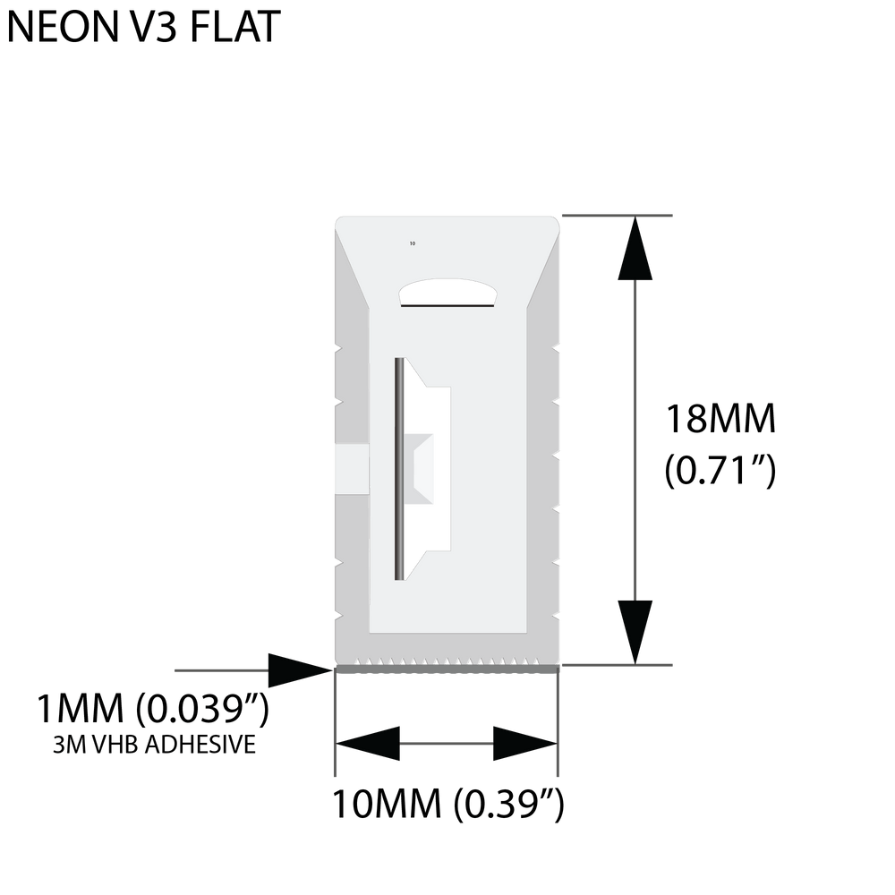 Moss LED Neon FlexLED V3 24V RGBWXX cross-section profile diagram flat shape 18mm height with 3M adhesive backing