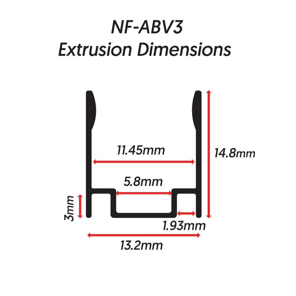 Moss LED Neon FlexLED V3 mounting hardware NF-ABV3 extrusion dimensions diagram 13.2mm wide 14.8mm tall