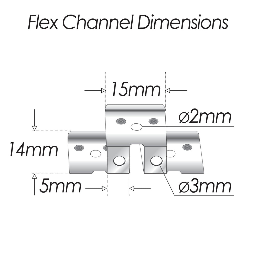 Moss LED Neon FlexLED V3 mounting hardware flex channel dimensions diagram 15mm width 14mm height 5mm depth