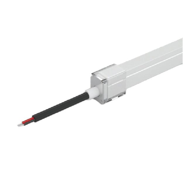 Moss LED Neon FlexLED V4 connector female bare end wire 2-conductor aluminum end cap with black and red wires white background