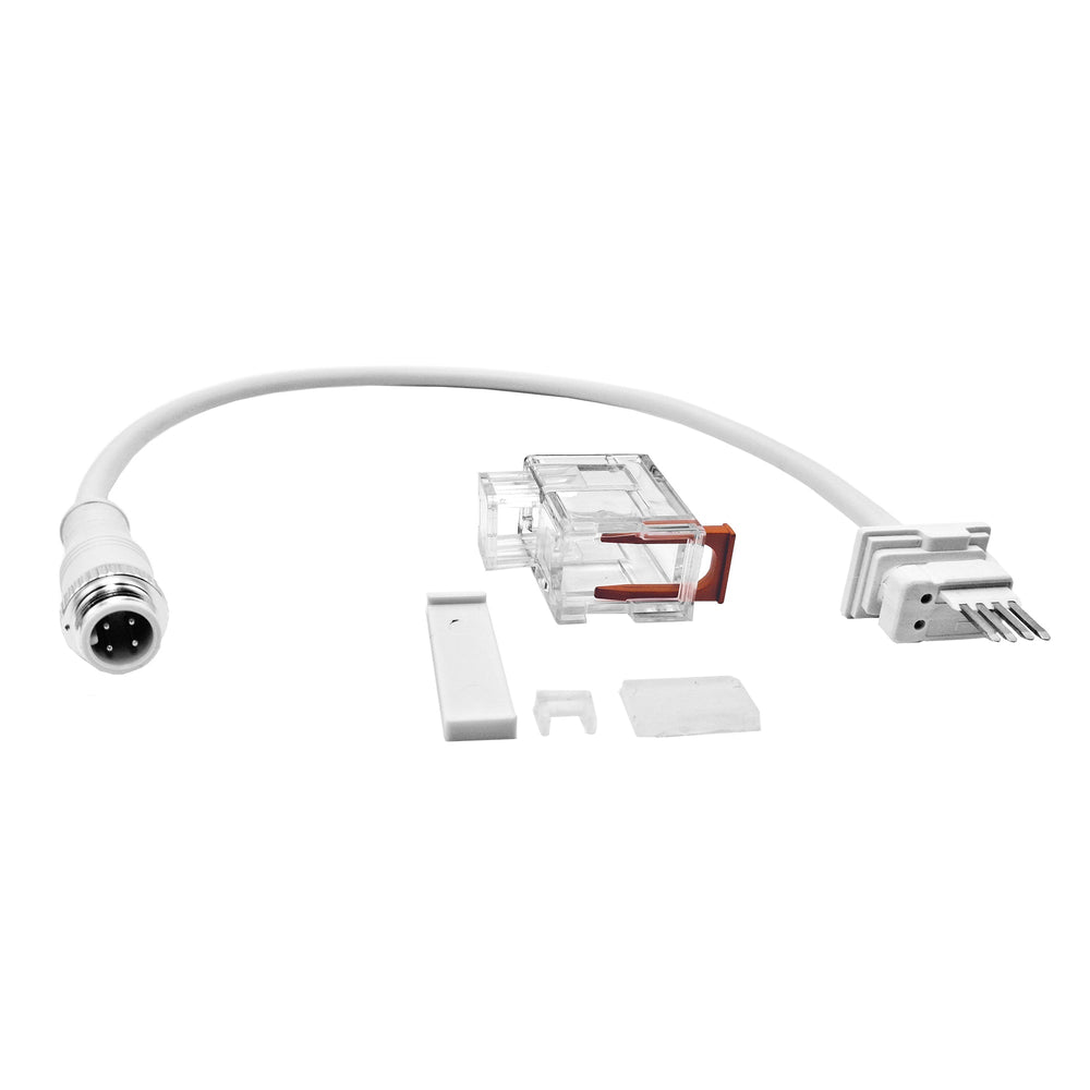 Moss LED Neon FlexLED V4 IP67 4-pin connector kit with cable metal threaded connector clear clip-on connector mounting bracket and end caps white background