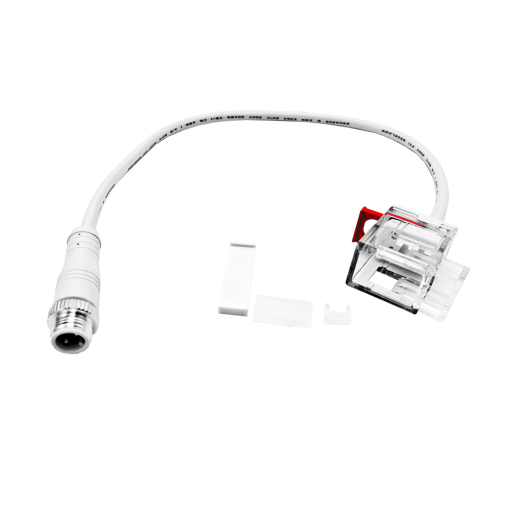 Moss LED Neon FlexLED V4 IP67 connector cable with metal threaded connector and clear clip-on connector white cable with end caps white background