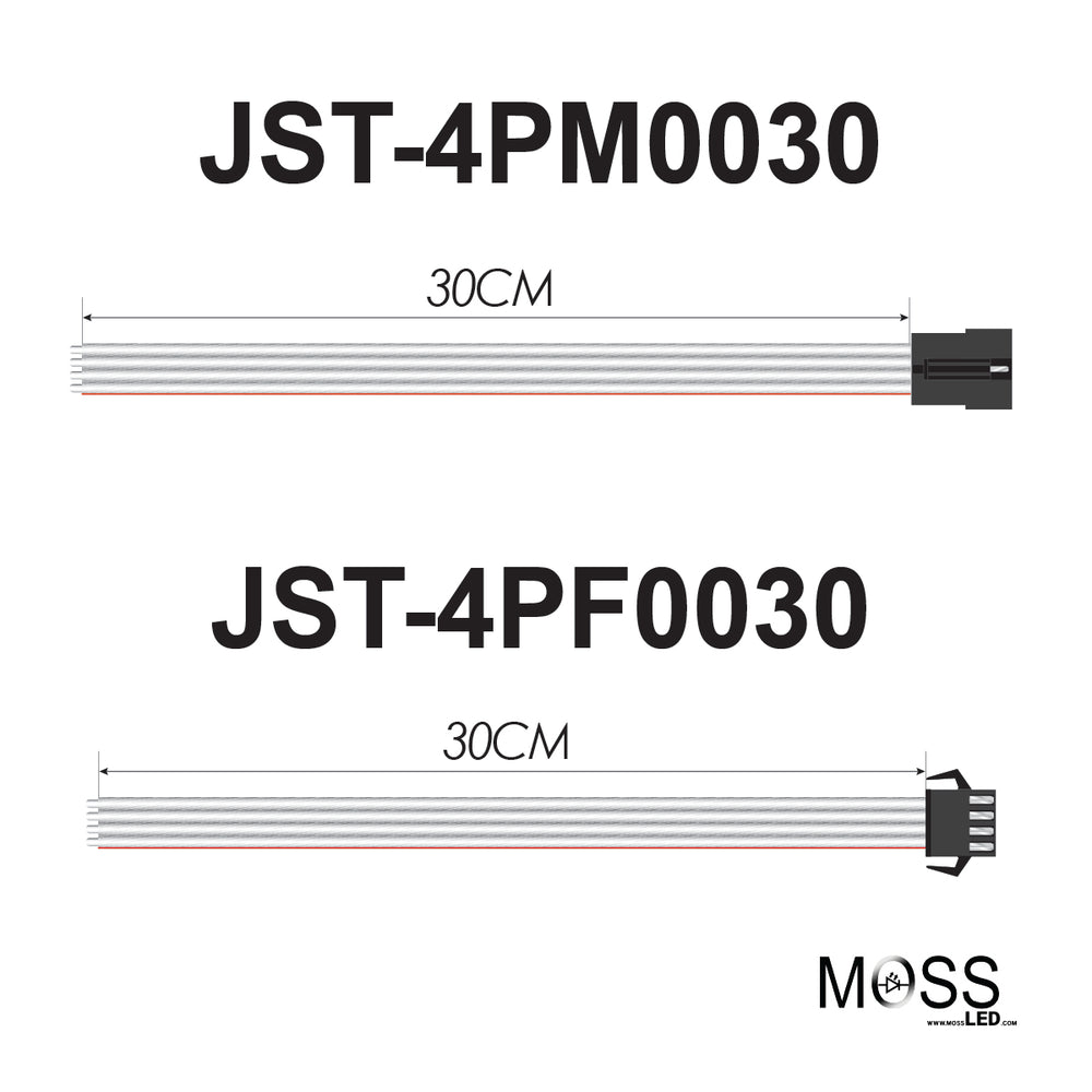Moss LED pixel connector tail JST 4-pin male and female 30cm technical dimensions drawing for addressable LED pixel strips