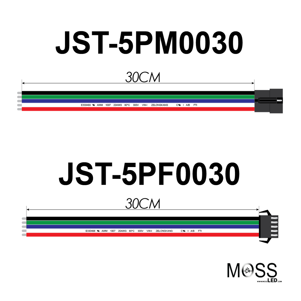 Moss LED pixel connector tail JST 5-pin male and female pair 30cm full length with colored wires for addressable LED pixel strips