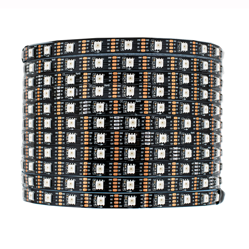 Moss LED Pixel FlexLED 12V RGB – 240 LED/m GS8208 individually addressable pixel LED strip, black PCB, dense coil close-up