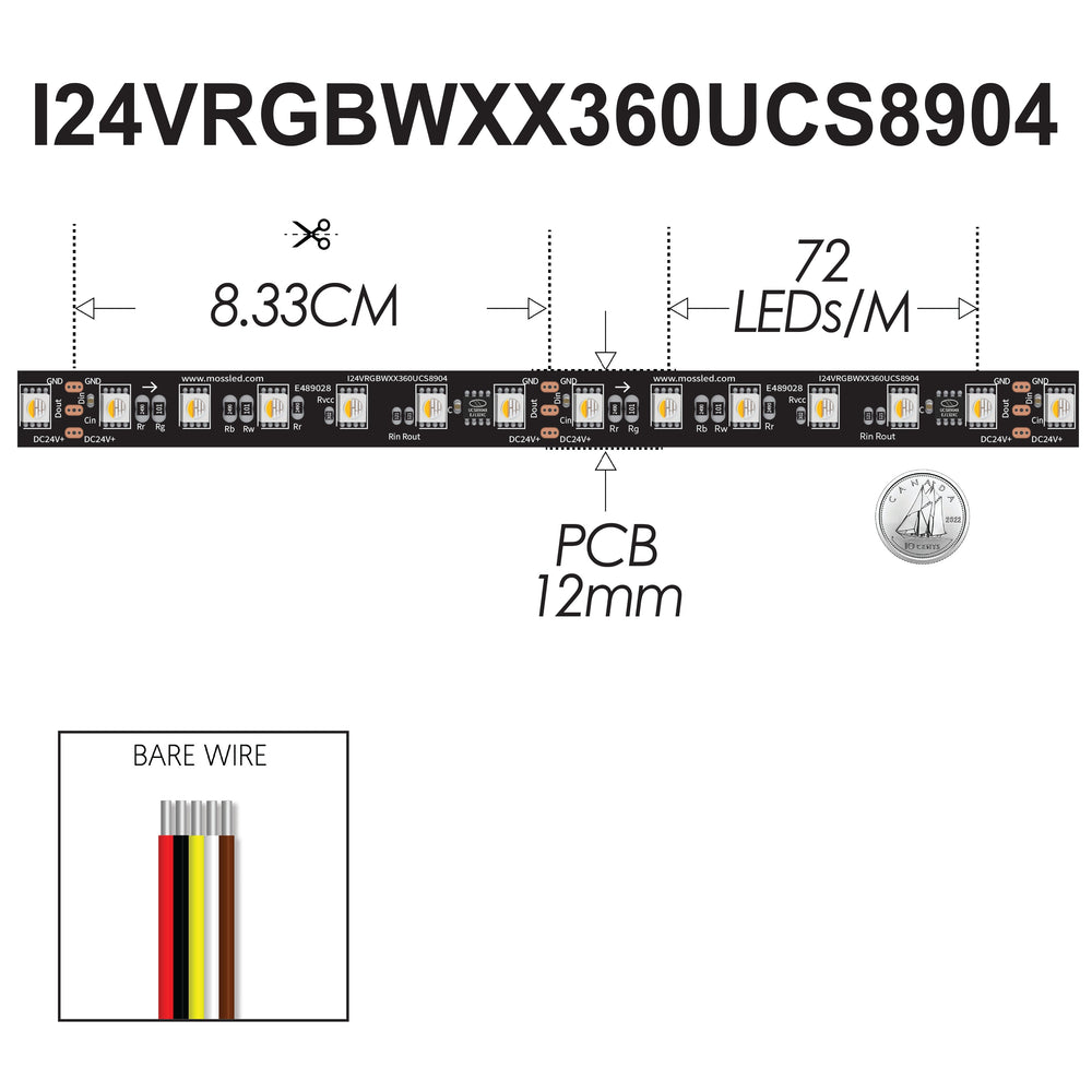 Moss LED Pixel FlexLED 24V RGBW Dimensional Drawing – 72 LEDs per metre, 8.33cm Cut Pitch, 12mm PCB Width, Bare Wire Connection, UCS8904 Protocol Pixel LED Strip for Film, Television & Live Entertainment