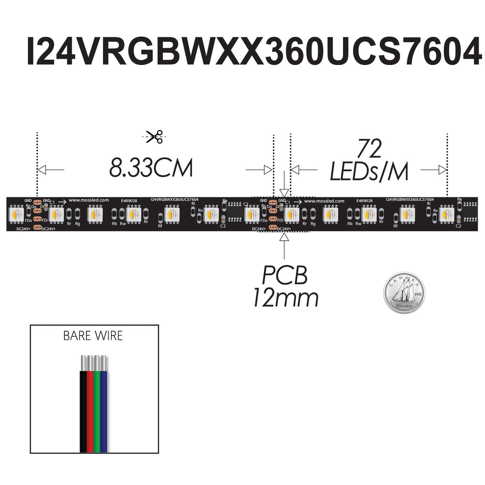 Moss LED Pixel FlexLED 24V RGBW spec diagram 8.33cm cut 72 LED/m 12mm PCB bare wire UCS7604