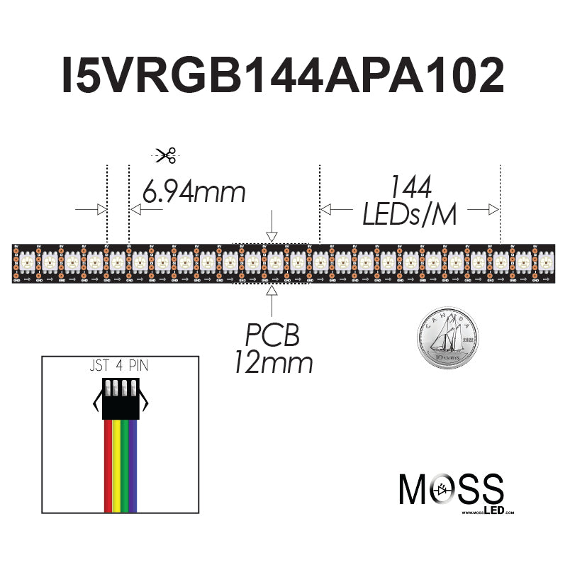 Moss LED Pixel FlexLED 5V RGB High Frequency 144 LED/m APA102 spec diagram 6.94mm cut 12mm PCB JST 4 pin connector