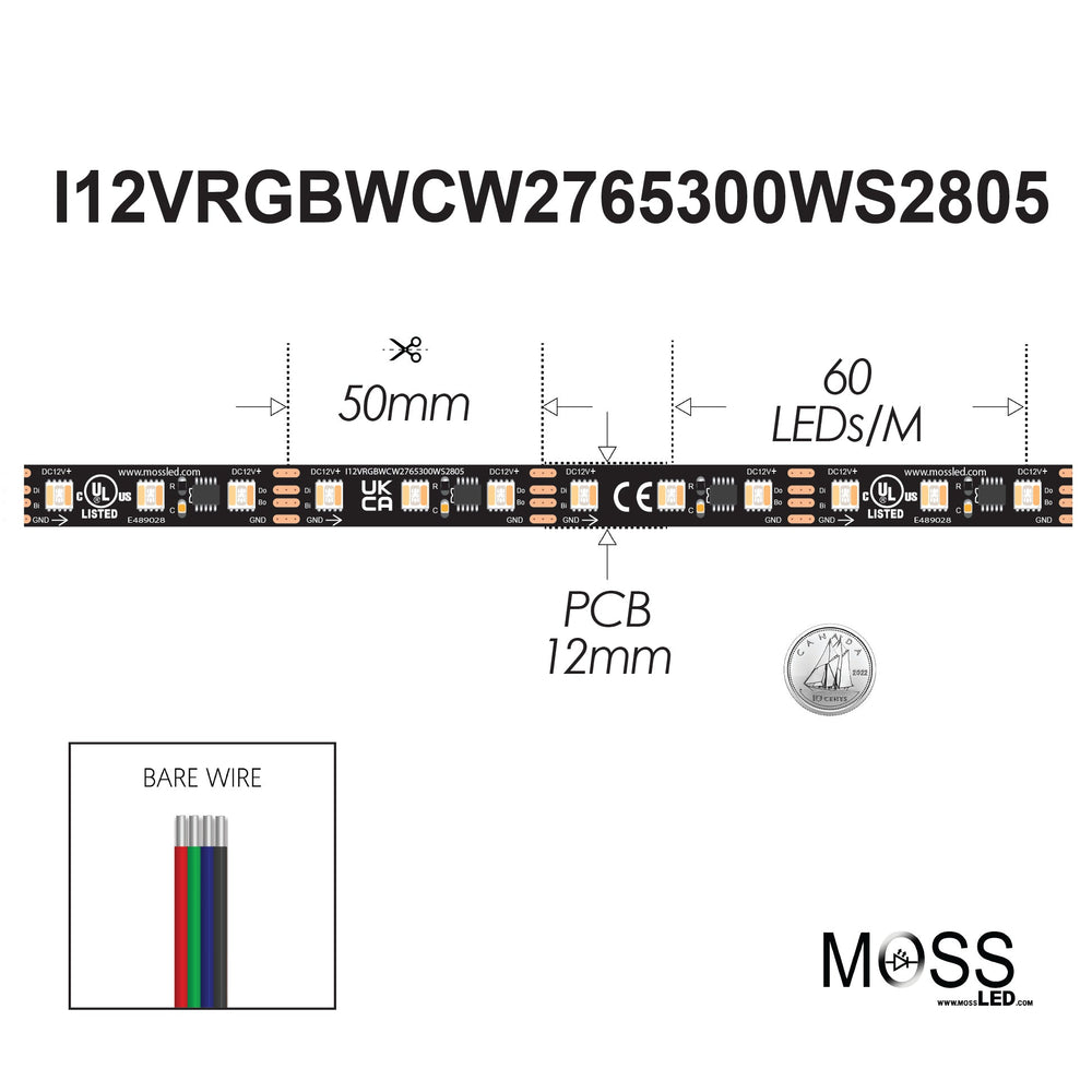 Moss LED Pixel FlexLED RGB+WW+CW Medium Frequency 12V spec diagram 50mm cut interval 60 LEDs per meter PCB 12mm bare wire