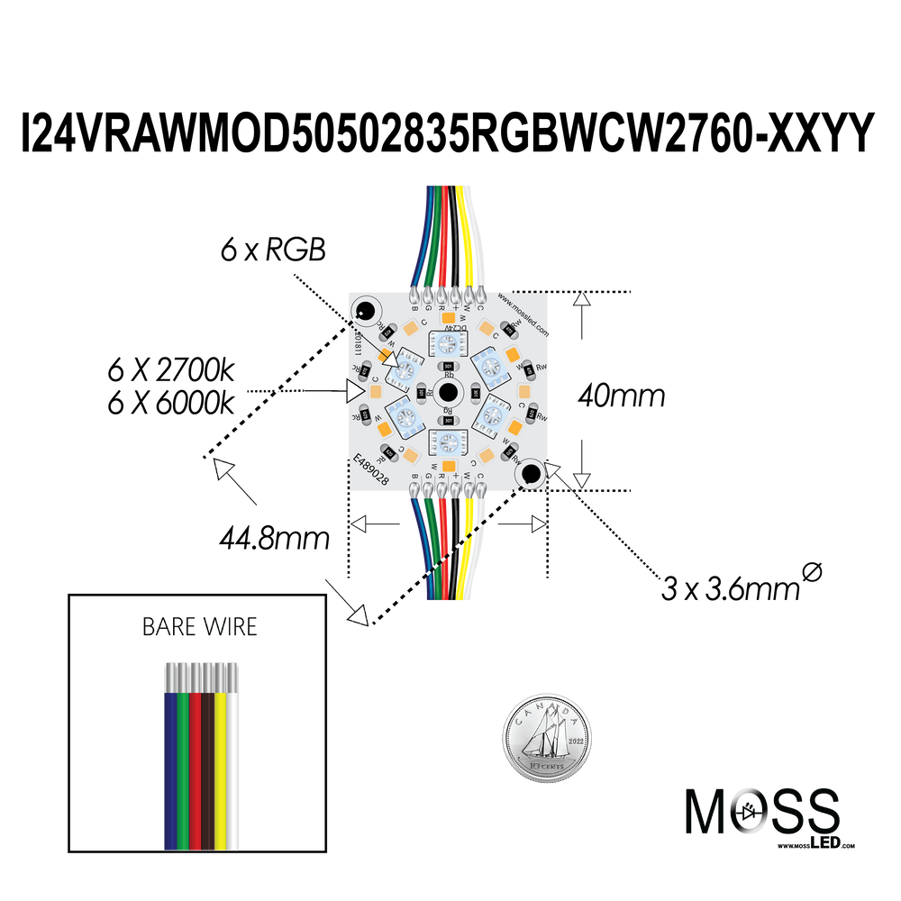 Moss LED RawModule 18-LED RGB+WW+CW – 24V dimensional drawing with wire color labels (R, G, B, WW, CW), UL listed E489028, coin for scale
