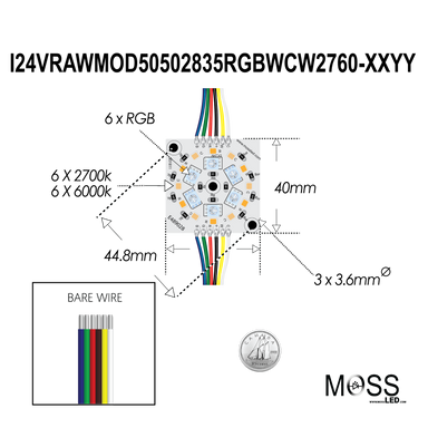Moss LED RawModule 18-LED RGB+WW+CW – 24V dimensional drawing with wire color labels (R, G, B, WW, CW), UL listed E489028, coin for scale