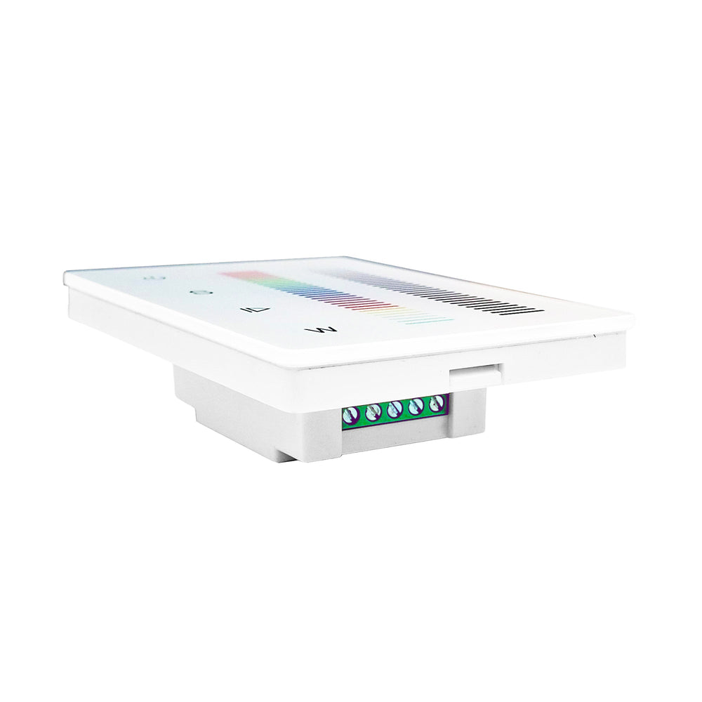 Moss LED RGBW 1-zone wallplate dimmer with DMX output angle view showing green terminal block connections for DMX 512 signal wiring