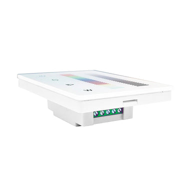 Moss LED RGBW 1-zone wallplate dimmer with DMX output angle view showing green terminal block connections for DMX 512 signal wiring