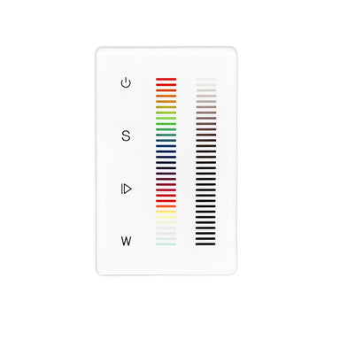 Moss LED RGBW 1-zone household wallplate dimmer with DMX output white glass touch panel front view showing color spectrum controls and RGBW channel buttons