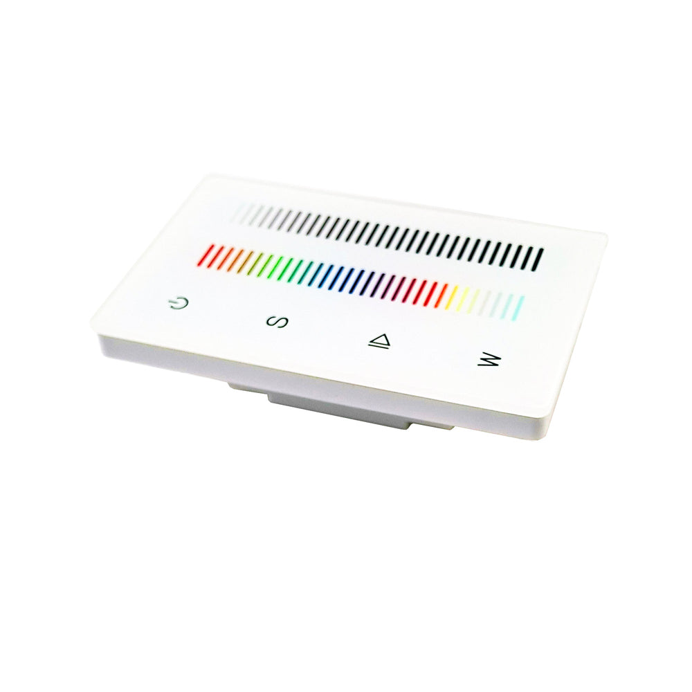 Moss LED RGBW 1-zone wallplate dimmer with DMX output perspective view showing color spectrum touch bars and scene control icons on white glass panel