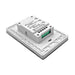 Moss LED RGBW 1-zone wallplate dimmer rear angle view showing mounting plate green terminal block connections and CE RoHS certification label