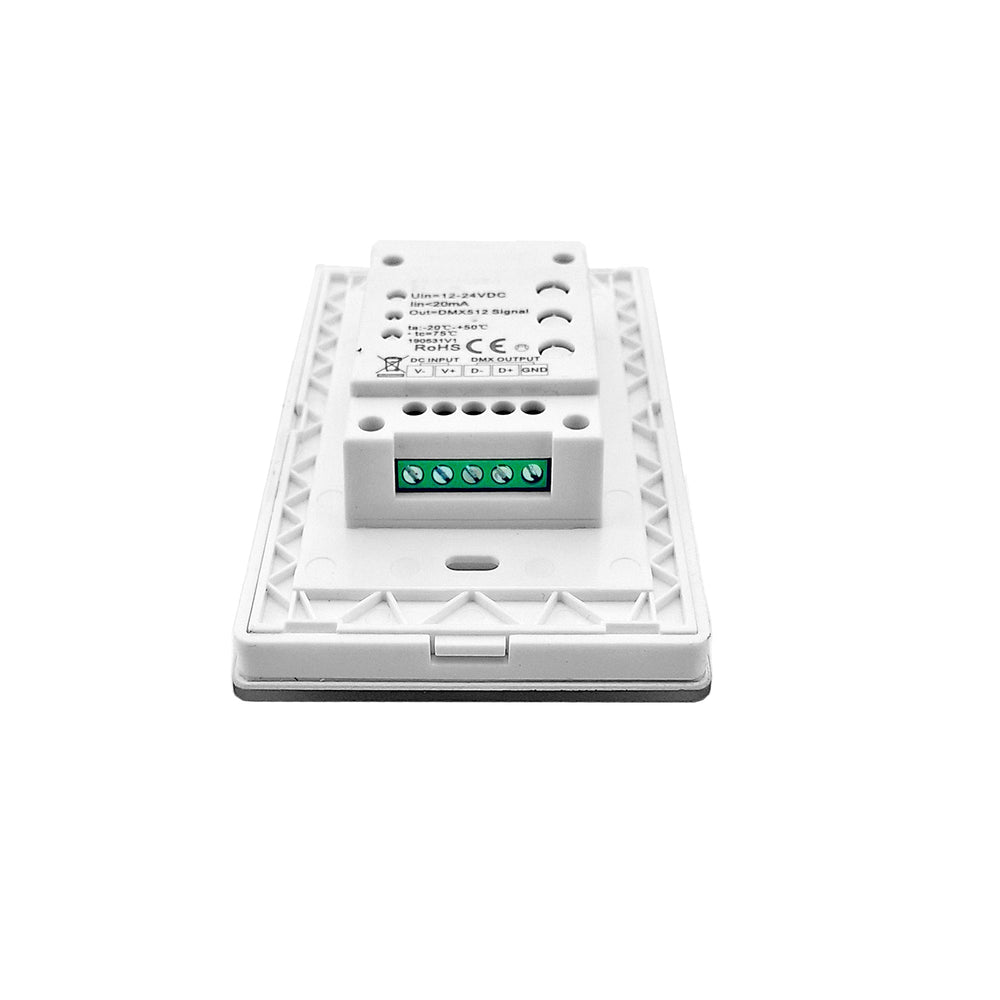 Moss LED RGBW 1-zone wallplate dimmer rear perspective view showing green terminal block wiring connections specifications label and wallplate mounting bracket