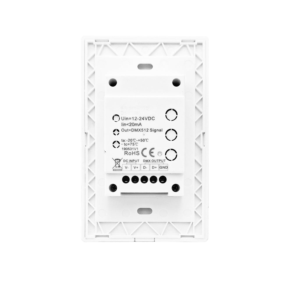 Moss LED RGBW 1-zone wallplate dimmer rear view showing DC input and DMX 512 output terminal blocks specifications label RoHS CE certified 12-24VDC mounting holes