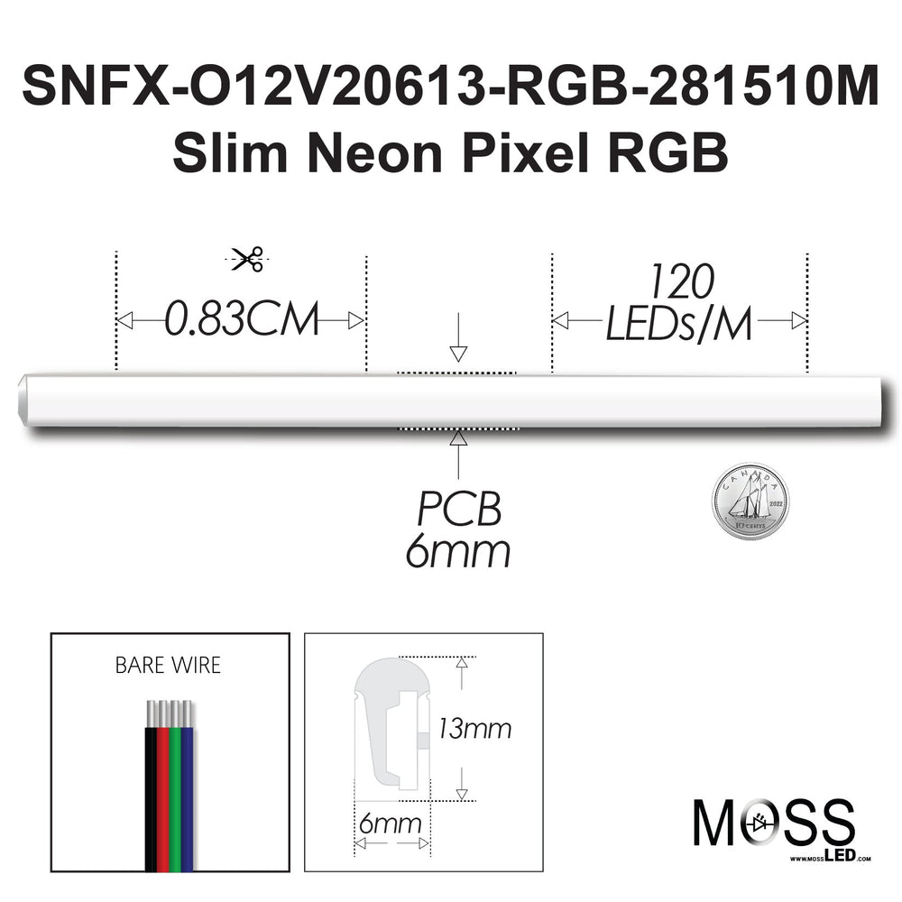 Moss LED SlimNeon FlexLED 12V RGB spec diagram 120 LEDs per meter 0.83cm cut interval 6mm PCB