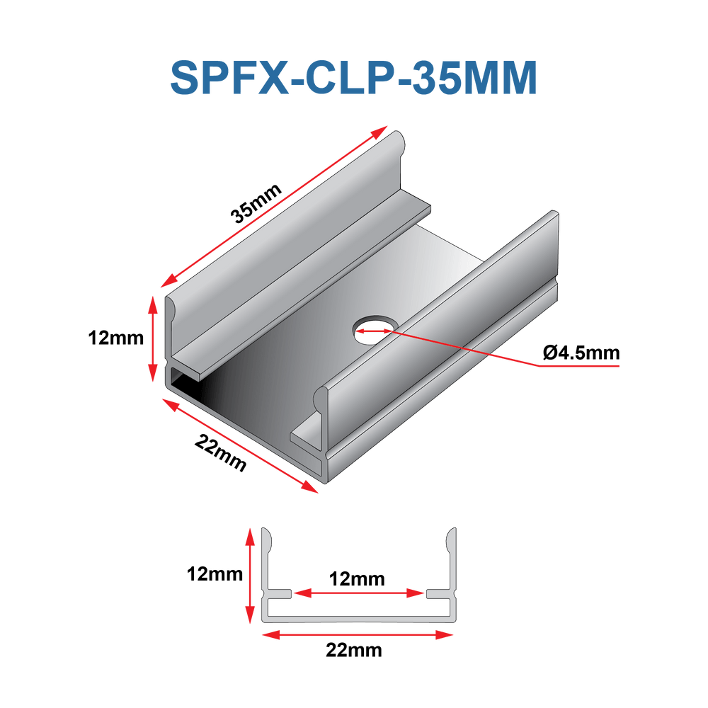 Moss LED SpotFlex Clip 35mm technical drawing showing 3D isometric view with dimensions and 2D cross-section profile of aluminum mounting clip transparent background