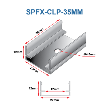 Moss LED SpotFlex Clip 35mm technical drawing showing 3D isometric view with dimensions and 2D cross-section profile of aluminum mounting clip transparent background