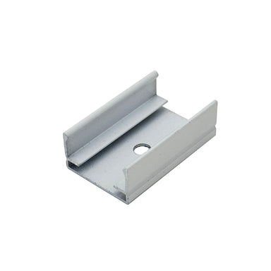 Moss LED SpotFlex Clip aluminum mounting clip angle view showing channel for LED strip and screw hole silver finish white background