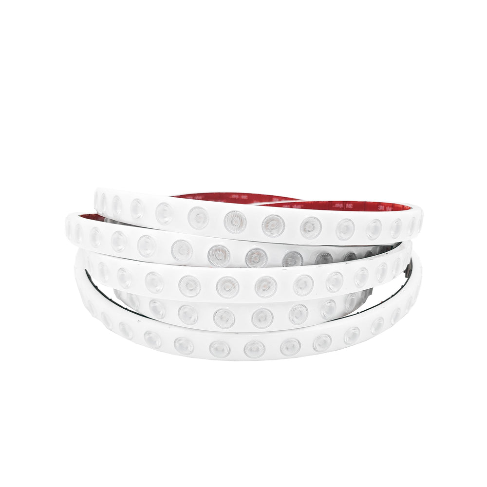 Moss LED SpotFlex LED 48 white and single colour strip light coiled showing white PCB with lensed LEDs and red 3M adhesive backing on white background