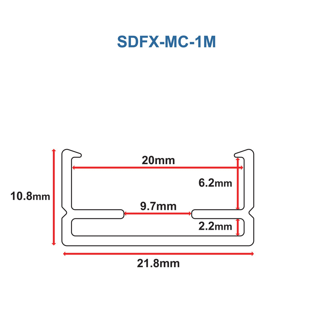 Moss LED SpotFlex LED mounting channel technical drawing cross-section with dimensions 20mm top width 21.8mm base width 10.8mm height 9.7mm inner width 6.2mm depth 2.2mm wall