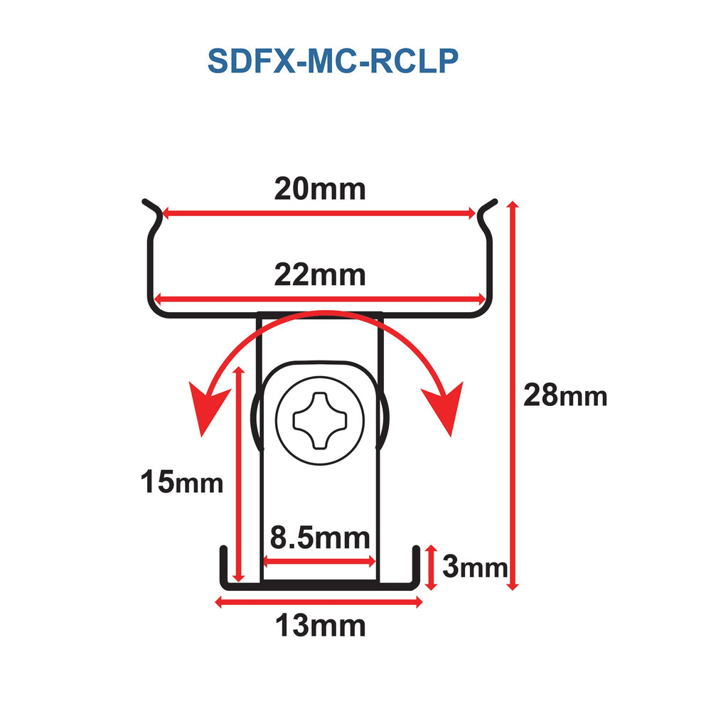 Moss LED SpotFlex rotating clip technical drawing with dimensions 20mm channel width 22mm clip width 28mm height 13mm base 8.5mm screw hole with rotation angle indicator