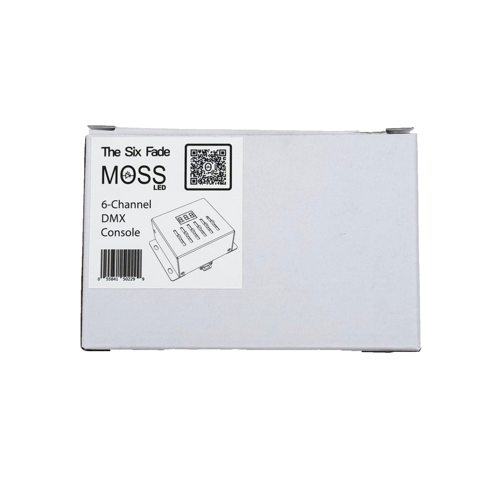 Moss LED The Six Fade 6-Channel DMX Console product packaging white cardboard box with product label showing Moss LED branding QR code barcode and line drawing illustration of the unit white background