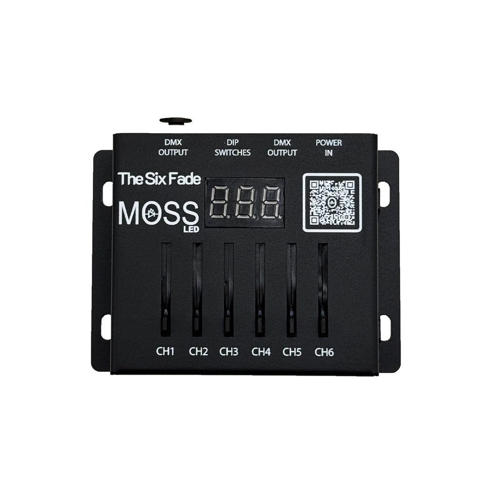 Moss LED The Six Fade 6-channel DMX fader console front view showing LED display six fader sliders CH1 through CH6 MOSS branding DMX output DIP switches and power input labels white background