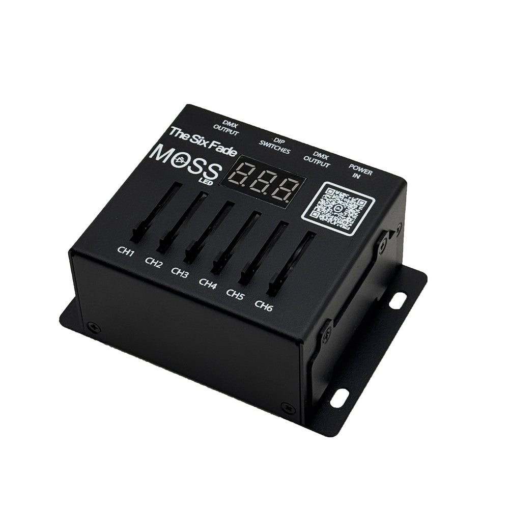 Moss LED The Six Fade 6-channel DMX fader console high angle view showing all 6 channel faders CH1 through CH6 LED display QR code Moss branding DMX output and DIP switches labels black enclosure with mounting holes white background