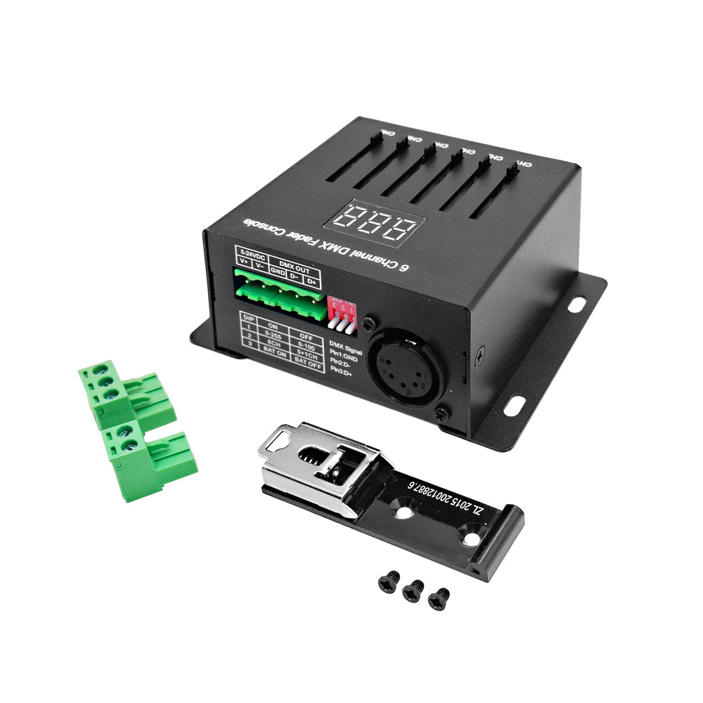 Moss LED The Six Fade 6-channel DMX fader console rear angle view with accessories including green terminal block connectors DIN rail mounting bracket with screws and DMX 5-pin connector DIP switches visible white background