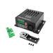 Moss LED The Six Fade 6-channel DMX fader console rear angle view with accessories including green terminal block connectors DIN rail mounting bracket with screws and DMX 5-pin connector DIP switches visible white background